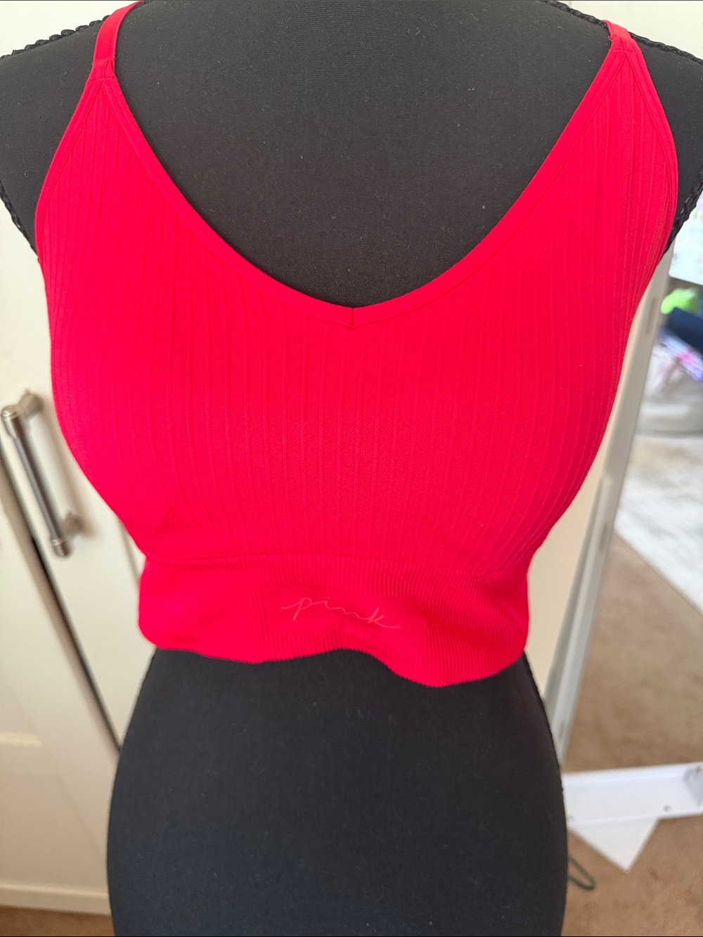 PINK Victoria's Secret Hot Pink Ribbed V-Neck Cropped Sports Bra